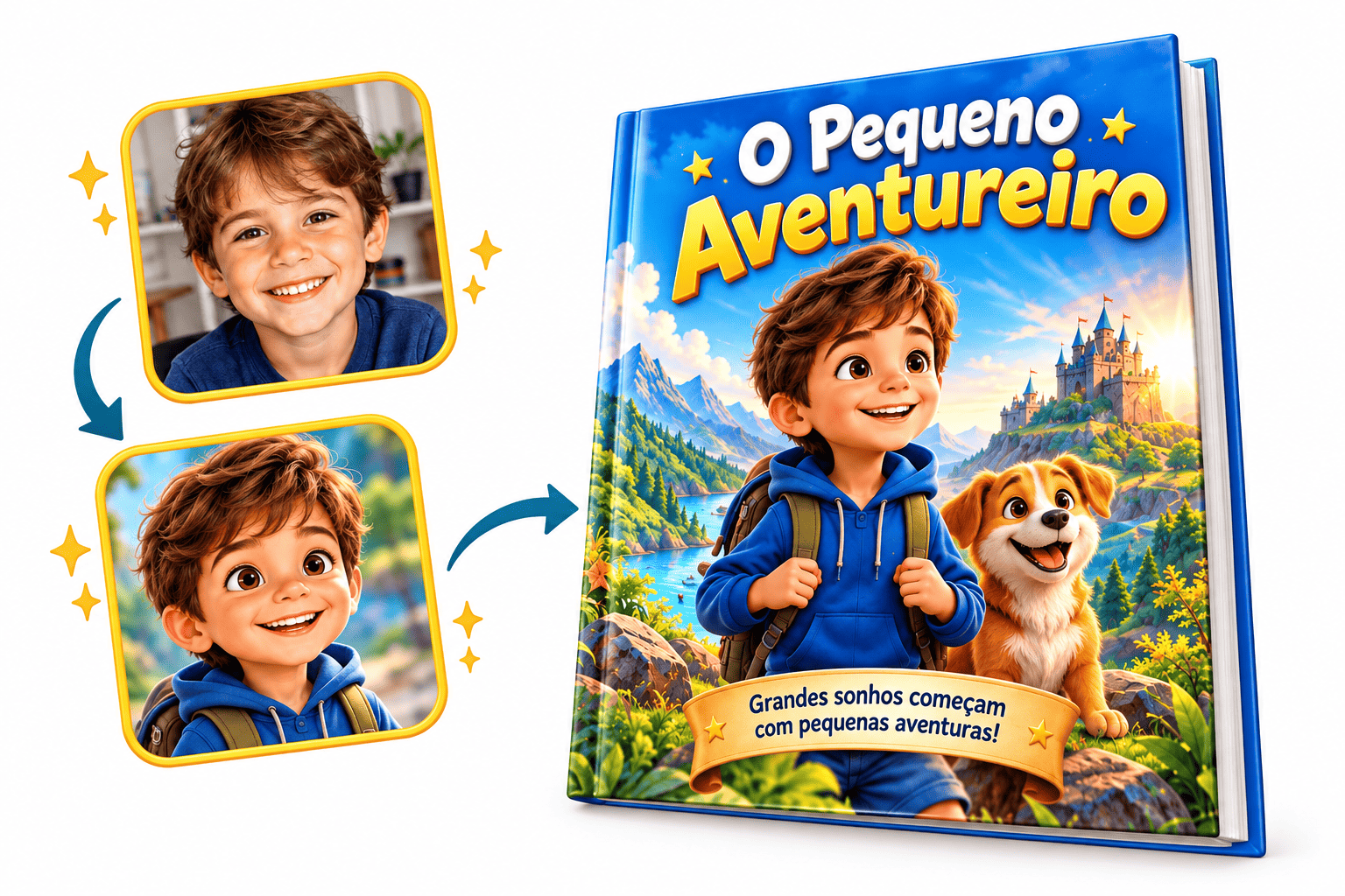 Criança transformada em personagem do livro O Pequeno Aventureiro
